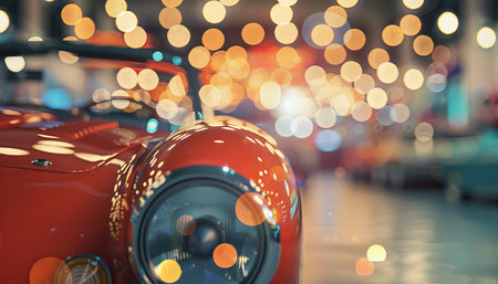 Vibrant auto showroom bokeh with classic car icons for an inspiring automotive backdropの素材