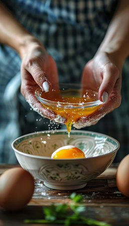 Woman cooking in home kitchen, cracking egg into bowl for fresh meal preparationの素材