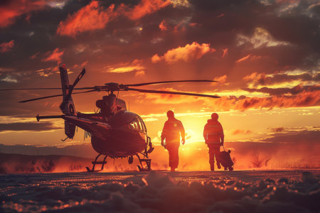 Sunset air ambulance team loading patient for helicopter transport at dusk ems conceptの素材