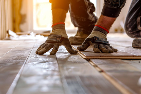 Closeup of worker installing parquet flooring in apartment home improvement conceptの素材