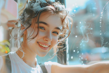 Cheerful woman cleaning window with sponge in high quality image, spotless glass surfaceの素材