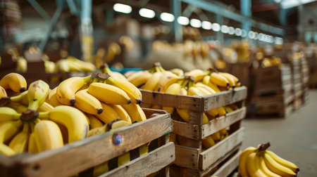 Ripe organic bananas in wooden crates at warehouse with blurred background and copyspaceの素材