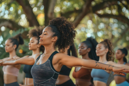Diverse women in outdoor yoga class stretching arms for breathing exercise in parkの素材
