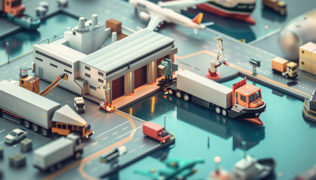Seamless coordination of truck, airplane, and ship at an integrated logistics hubの素材