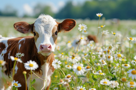 Young calf grazing in sunny daisy field on a farm harmonious scene with space for textの素材