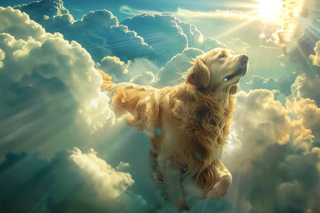 Golden retriever s soulful journey to celestial canine realm with heavenly ascensionの素材