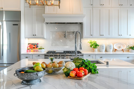 Modern kitchen with marble countertop and fresh produce, encouraging healthy livingの素材