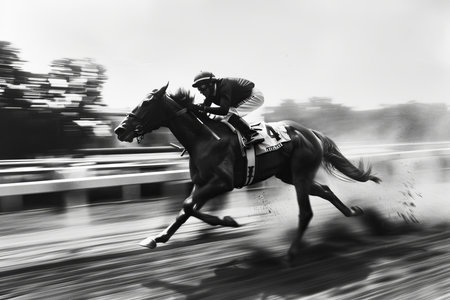 High quality horse racing photo captured on the final turn leading straight to the finish lineの素材