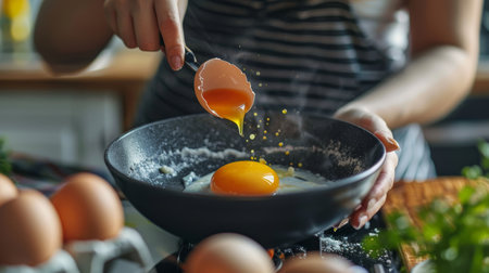 Woman preparing delicious homemade meal cracking egg into bowl in cozy home kitchen cooking sceneの素材