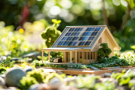 Miniature eco friendly house with solar panels and plants on sunny day, promoting sustainabilityの素材