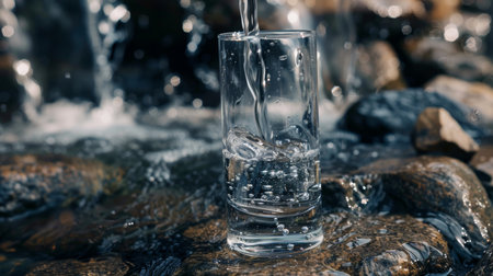 Pouring mineral water from natural spring into glass in high quality image with clear focusの素材