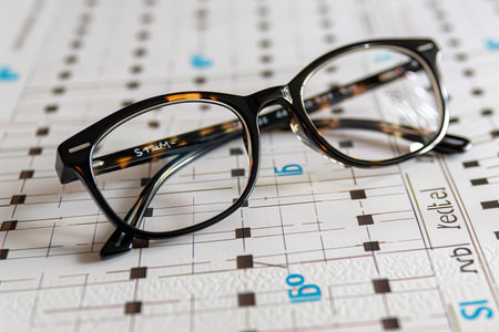 High quality image of glasses on a snellen eye chart for precise vision testing examinationの素材