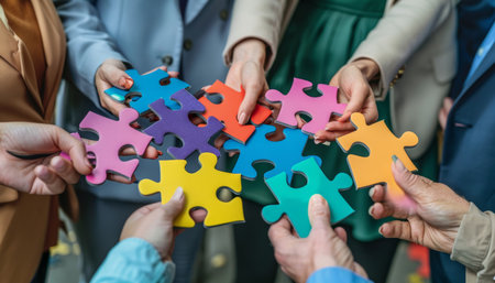 Top view of business team holding vibrant puzzle pieces in hands for teamwork conceptの素材