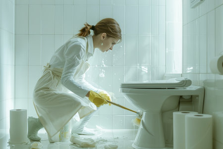 Professional woman cleaning toilet in bright white bathroom for product advertisementの素材