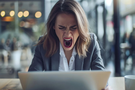 Furious businesswoman yelling at laptop screen in frustration over connection errorの素材