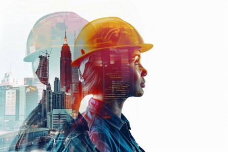 Diverse civil engineering collaboration team in double exposure banner with ai generated imageryの素材