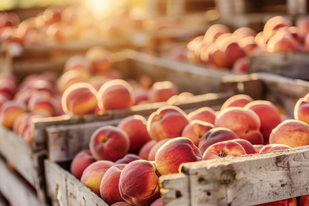 Fresh peaches in wooden crates at sunny orchard warehouse, capturing summer fruit themeの素材