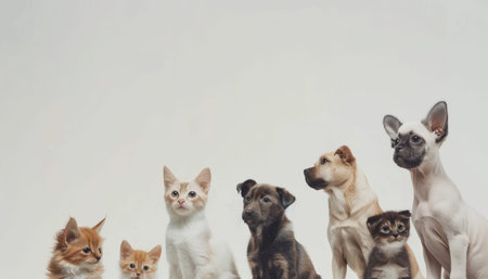 Assorted cats and dogs in high quality studio portrait on white background with spacious text areaの素材