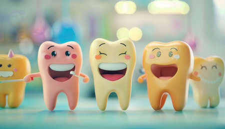 Vibrant dental cartoon characters encourage oral health on blurred background with copy spaceの素材