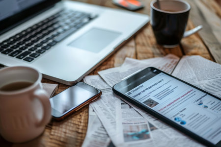 Latest news feed displayed on newspaper, tablet, and smartphone on desk in high quality imageの素材