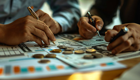 Accountants counting profit hands with banknotes, coins, and notes on paper in close upの素材