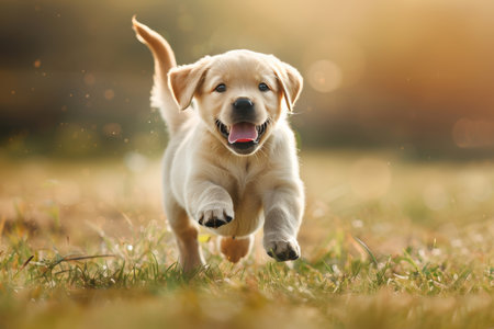 Energetic labrador puppy frolicking in meadow, exuding playful joy and natural beautyの素材