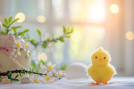 Easter egg and chick on white table, perfect for festive decor with a beautiful blurred backgroundの素材