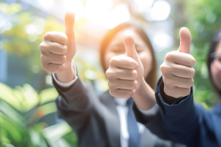 Close up business professionals giving thumbs up for approval on blurred backgroundの素材