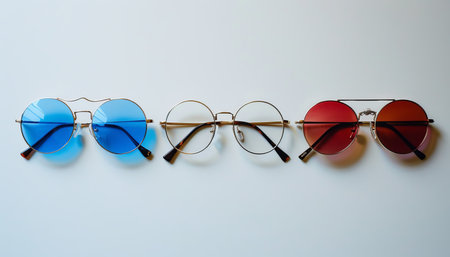 Top view of fashionable sunglasses collection on light background for trendy individualsの素材