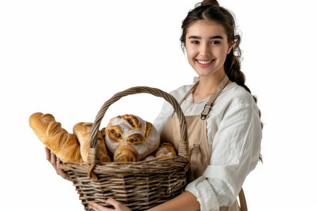 Happy female assistant choosing rolls from large wicker basket in bakery settingの素材