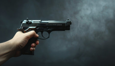 Close-up of hand holding firearm with blurred gray background and copy space for text placementの素材