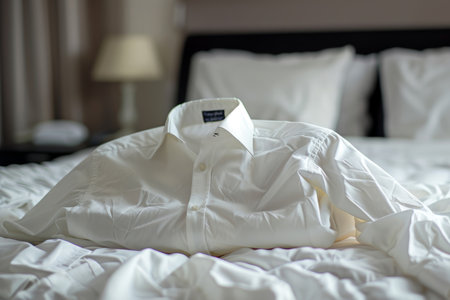 Mens classic dress shirts display on bed - high quality white background photo for saleの素材