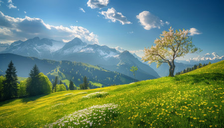 Sunny day in the alps high quality image of idyllic mountain landscape with blooming spring meadowsの素材