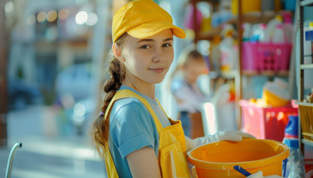 Professional cleaning woman with cleaning supplies on blurred background for serviceの素材