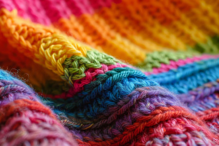 Handmade rainbow knit sweater in vibrant colors, a uniquely crafted homemade garmentの素材