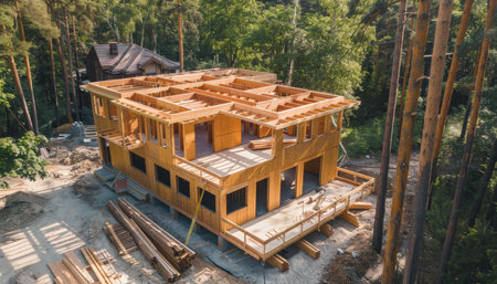 Drone view of eco two story house construction near forest with modern ecological designの素材