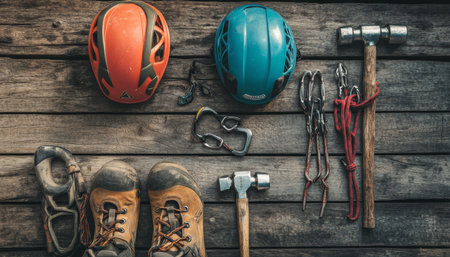 Climbing gear display helmet, hammer, carabiner, trekking shoes on rustic wooden surfaceの素材