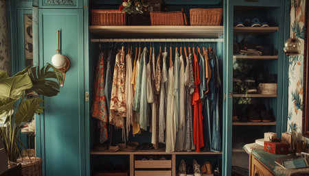 Stylish wardrobe closet showcasing trendy outfits, footwear, and home decor in a cozy spaceの素材