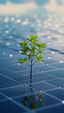 Young tree emerging amid solar panels a symbol of renewable energy and sustainable future growthの素材
