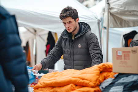 Young volunteer distributing blankets and donations to refugees under a white tent at charity eventの素材