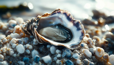 Elegant oyster displayed as jewelry on a serene beach setting, capturing nature's beautyの素材