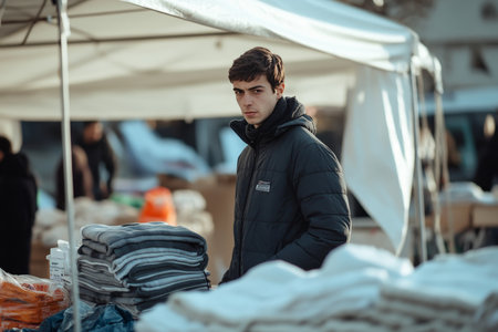 Young volunteer distributes blankets and donations to refugees under a white tentの素材