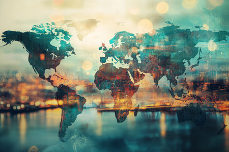 Abstract visual of economic policies shaping global trade routes and international relationsの素材