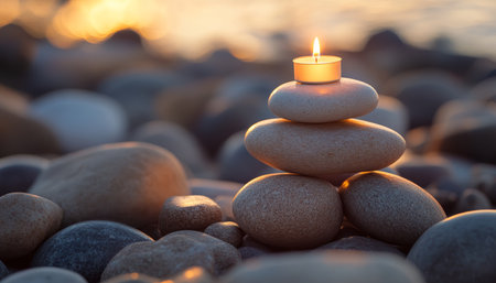 Tranquil composition of smooth stones and candle evoking relaxation in a serene natural environmentの素材