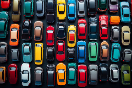 Vibrant display of colorful toy cars in a grid pattern against a dark backgroundの素材