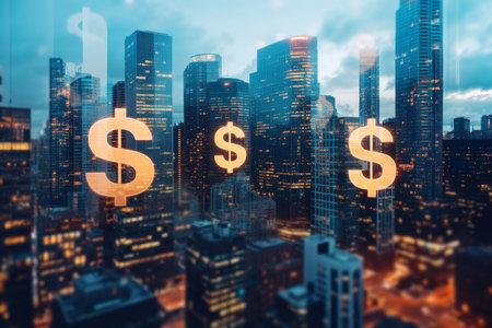 Modern urban skyline with dollar signs representing profitable real estate investment opportunitiesの素材