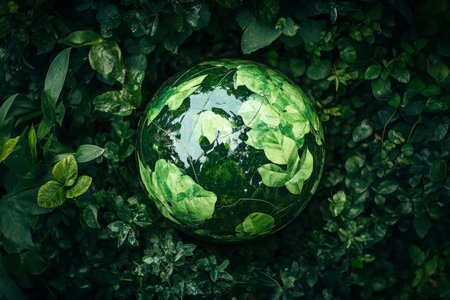 Vibrant green globe with lush foliage symbolizing sustainability and environmental awarenessの素材