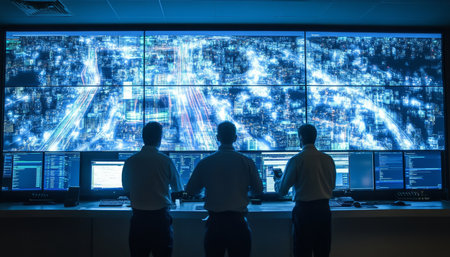 Managers collaborating on transportation management systems software analysis using large displaysの素材