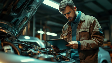 Mechanic examines vehicle engine using tablet for efficient diagnostics and maintenance insightsの素材