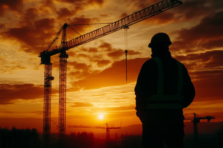 Silhouette of a construction worker directing a crane at sunset, embodying hard work and resolveの素材